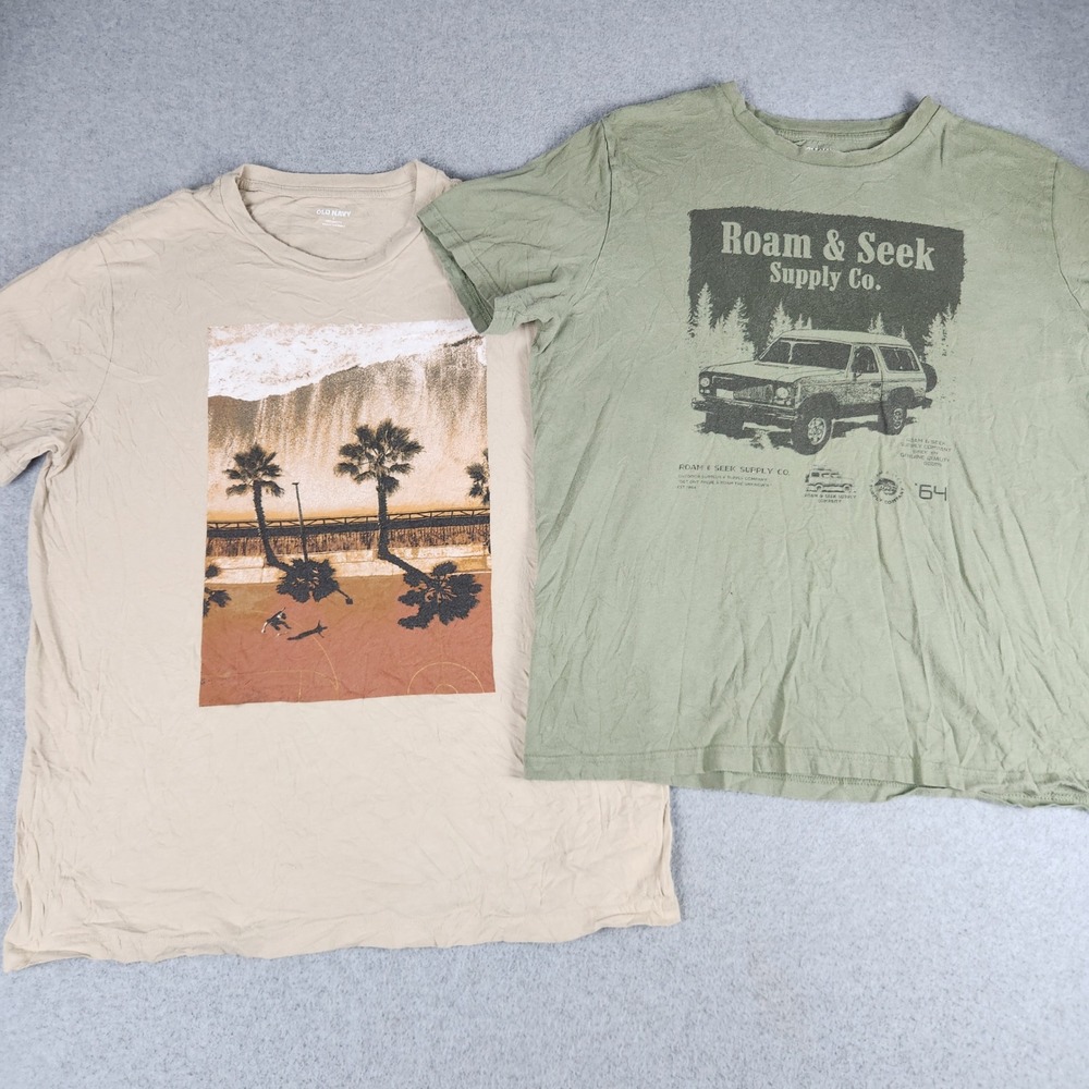 Old Navy T-Shirt Mens Large Tan Green Roam Seek Palm Tree Soft Washed Lot of 2